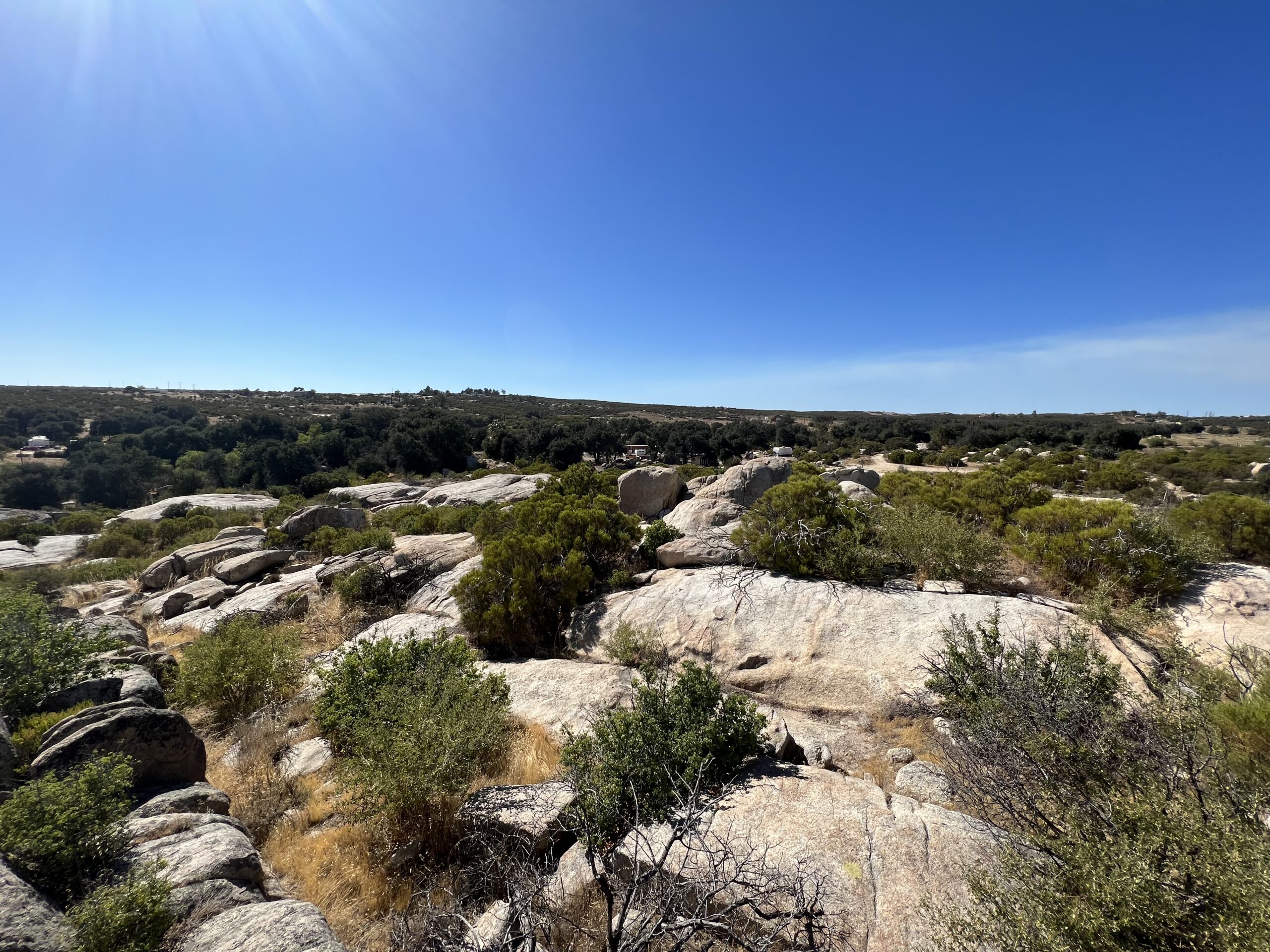 Rugged terrain under a clear blue sky: a serene landscape with HumanityOne's sunlit, rocky outcrops and scattered shrubs, embodying the tranquility of a natural, arid environment