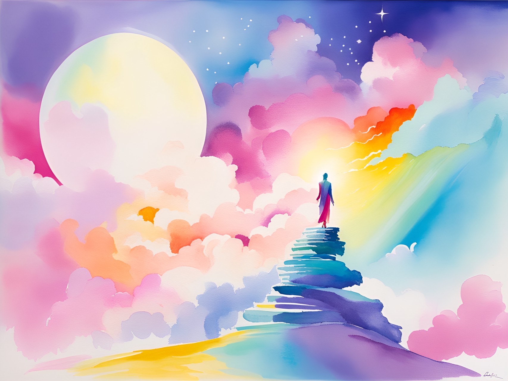 A solitary figure ascends a stairway of clouds towards a large, luminous moon amidst a vibrant and colorful dreamy sky.
